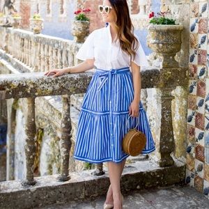 Blue White Striped J Crew Midi Skirt Button Front Tie